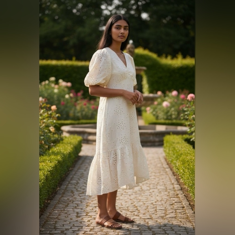Gibson Latimer Ivory Eyelet Hi Low Puff Sleeve All Cotton Midi Dress Lined L - Picture 2 of 12